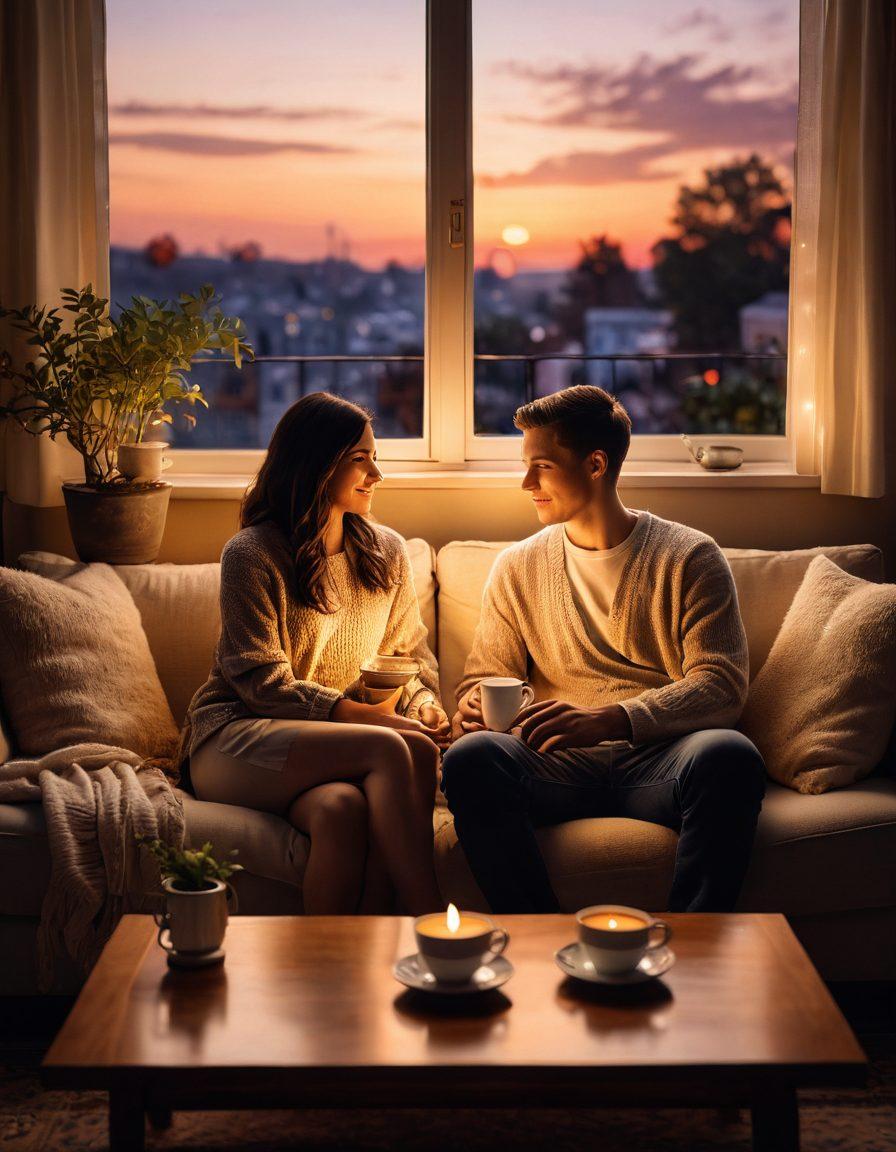 A warm, cozy scene depicting a couple sitting close together on a comfortable couch, surrounded by soft lighting and romantic decor, engaged in deep conversation, with a coffee table adorned with tea cups and a small plant. The background hints at a serene sunset outside the window, symbolizing love's journey. super-realistic. warm colors. soft focus.