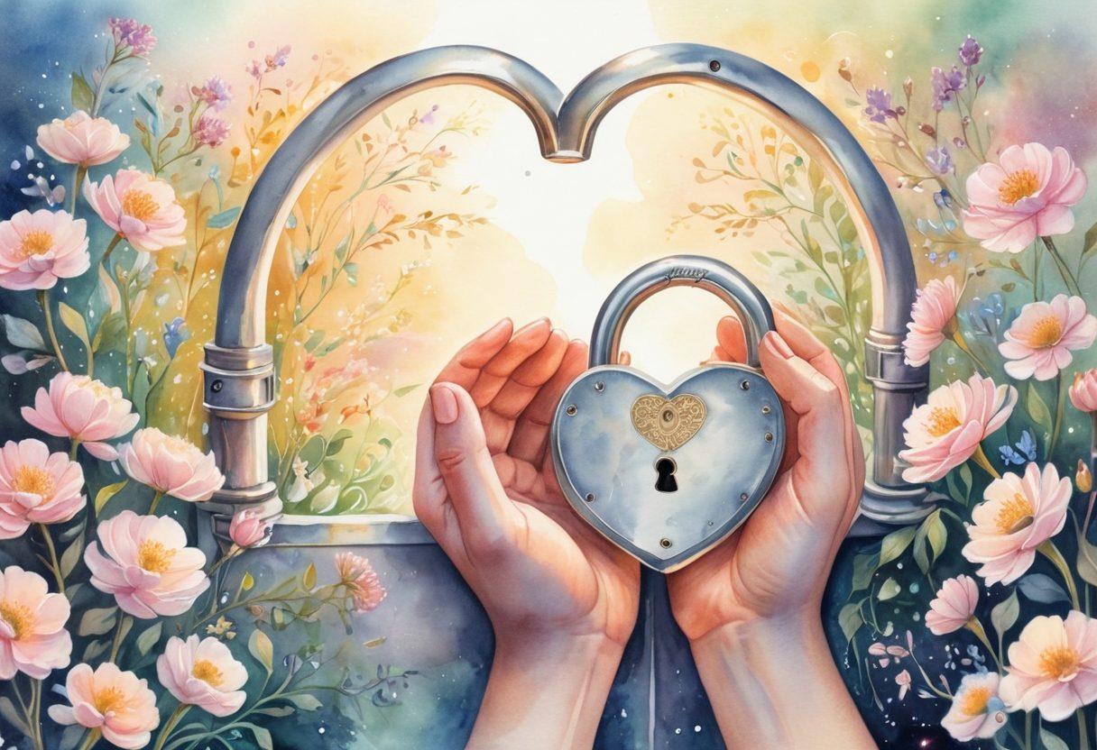 A heart-shaped lock being opened by a pair of intertwined hands, surrounded by soft glowing light, symbolizing secrets and intimacy. In the background, delicate flowers and romantic quotes flow like a gentle stream, creating a warm and inviting atmosphere. Emphasize a sense of connection and emotional depth. watercolor illustration. soft pastel colors.