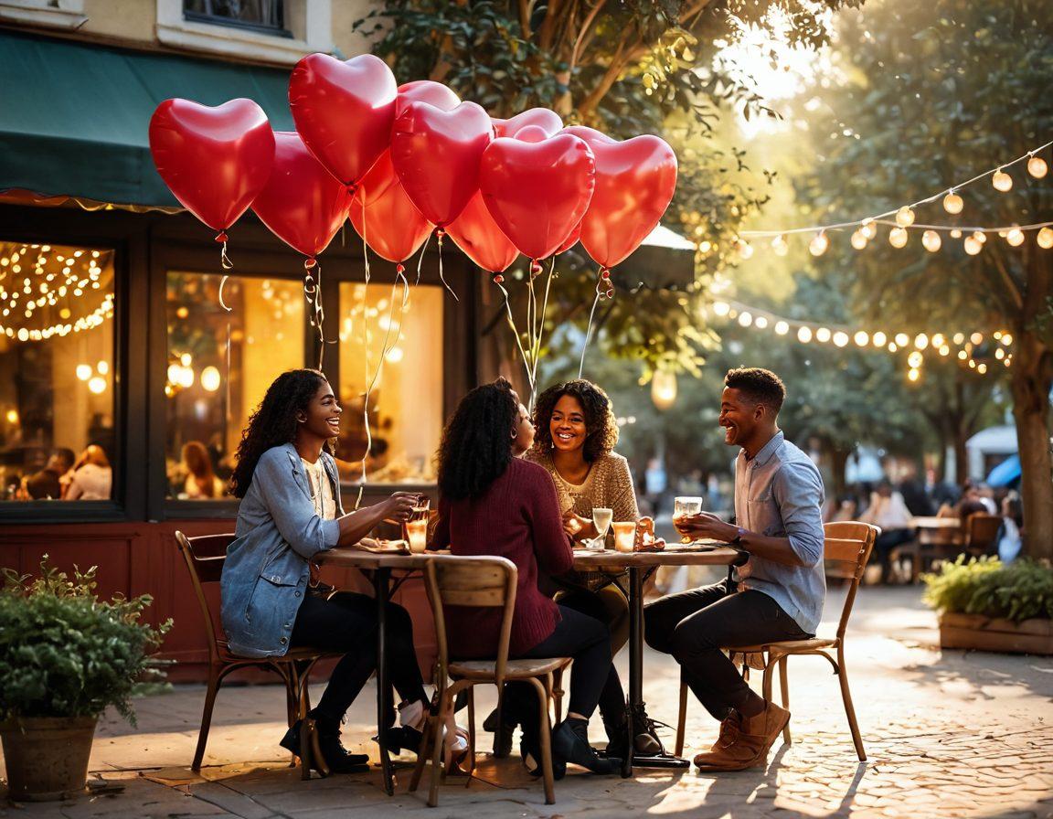 A warm, inviting scene depicting two diverse couples laughing together at a cozy outdoor café, surrounded by heart-shaped balloons floating in the air. Soft sunlight casts a golden glow on their happy expressions, symbolizing strong partnerships and affectionate bonds. In the background, fairy lights are draped across trees, creating a magical atmosphere. vibrant colors. super-realistic.